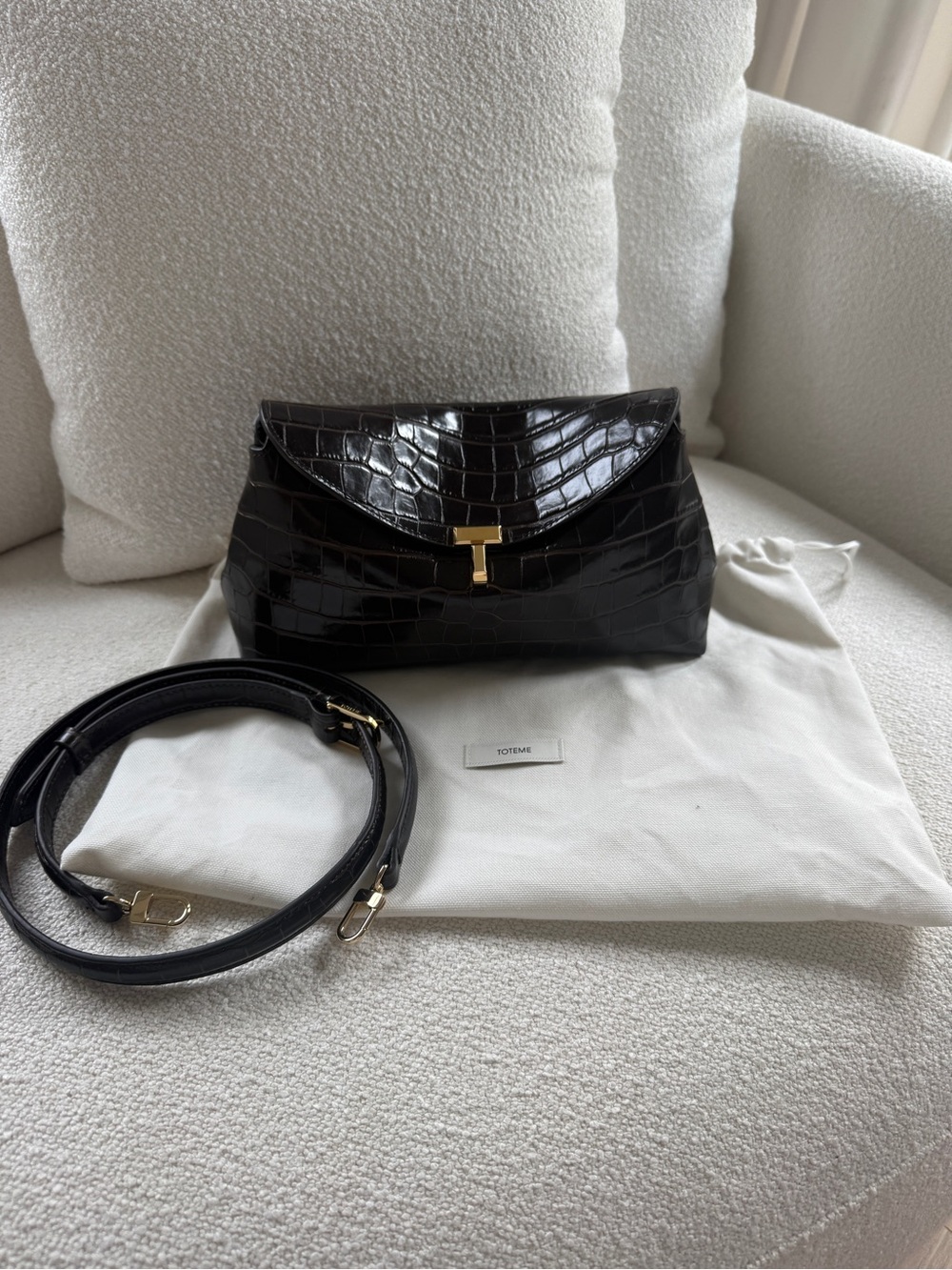 Toteme Dark Brown Croc-Embossed Leather Shoulder Bag with Gold Hardware